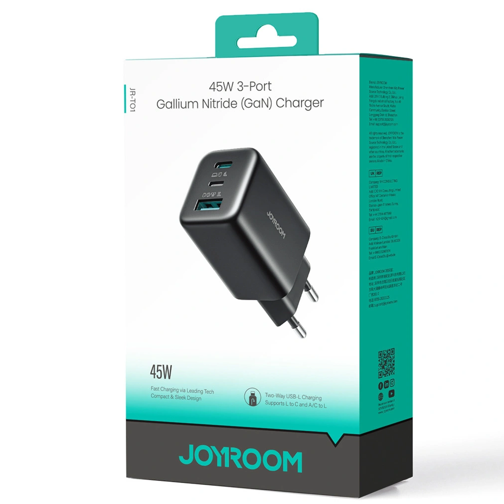 Nätadapter Joyroom JR-TO1, 45W, 3A, 1 x Lightning - 1 x USB-A - 1 x USB-C, Svart