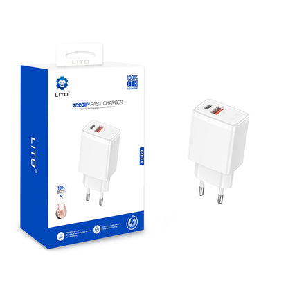 Nätverksladdare Lito LC09, 20W, 3A, 1 x USB-A - 1 x USB-C, Vit