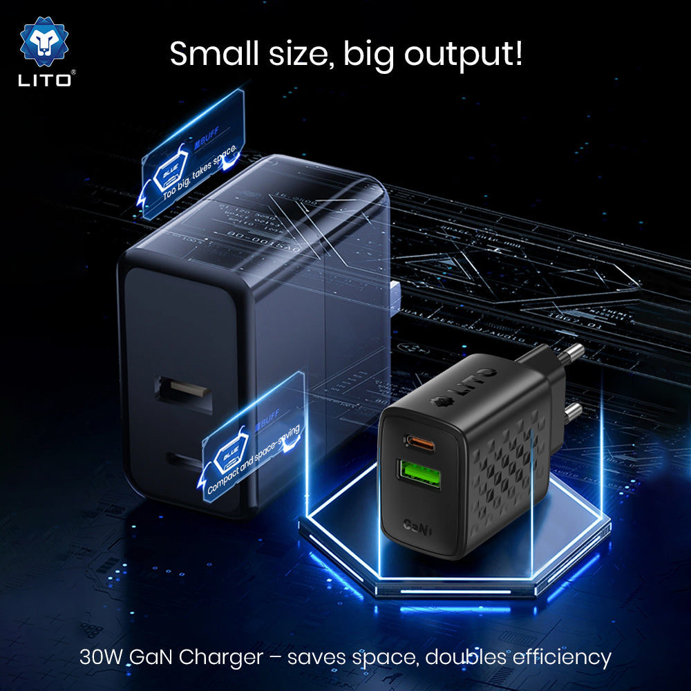 Lito LC19 Network Charger, 30W, 3A, 1 x USB-A - 1 x USB-C, Black