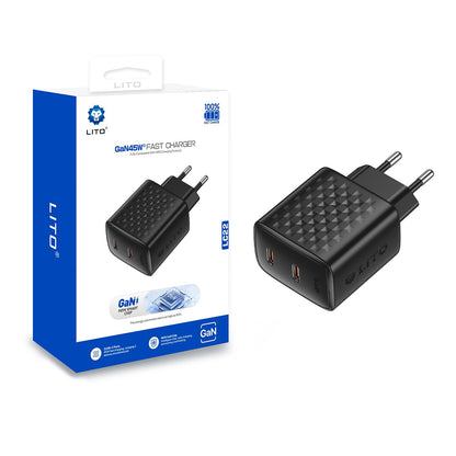Nätverksladdare Lito LC22, 45W, 3A, 2 x USB-C, Svart