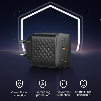 Nätverksladdare Lito LC22, 45W, 3A, 2 x USB-C, Svart