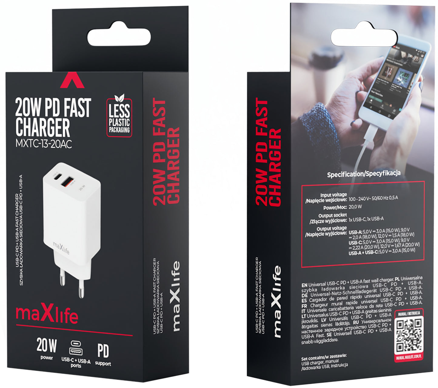 Nätverksladdare MaXlife MXTC-13-20AC, 20W, 3A, 1 x USB-A - 1 x USB-C, Vit