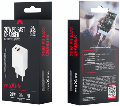 Nätverksladdare MaXlife MXTC-13-20AC, 20W, 3A, 1 x USB-A - 1 x USB-C, Vit