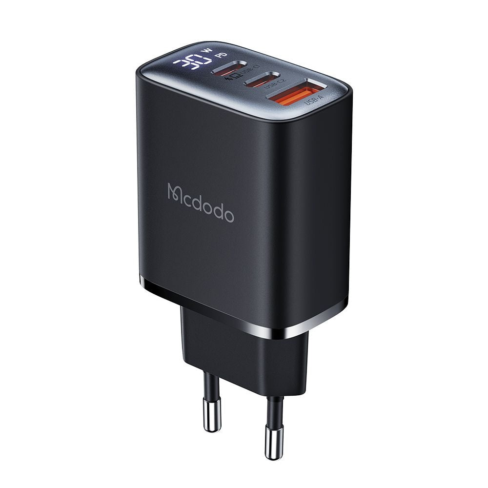 McDodo CH-2180 Nätverksladdare Display, 30W, 3A, 1 x USB-A - 2 x USB-C, Svart
