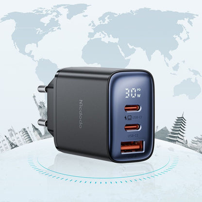 McDodo CH-2180 Nätverksladdare Display, 30W, 3A, 1 x USB-A - 2 x USB-C, Svart