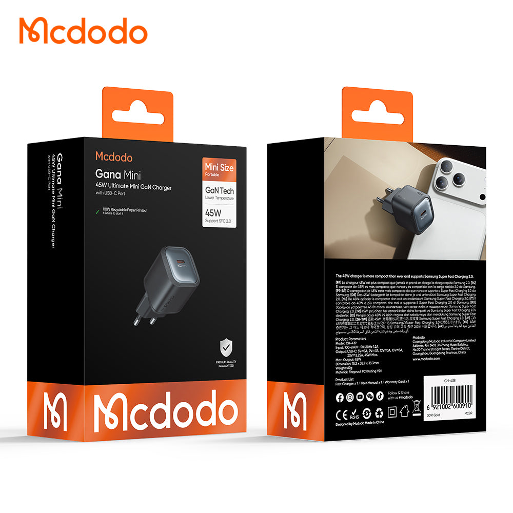 McDodo CH-4391 Ultimate Mini Network Charger, 45W, 3A, 1 x USB-C, Black