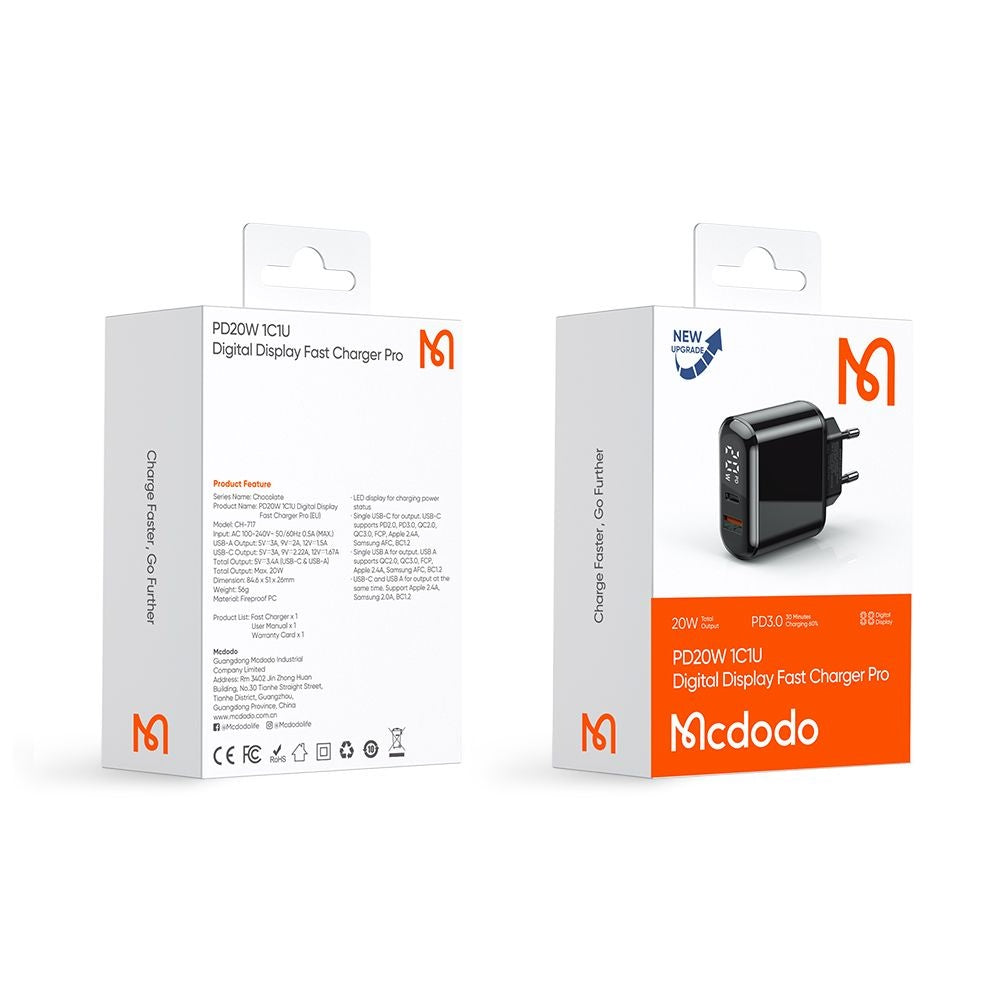 McDodo CH-7170 Chocolate Display Nätverksladdare, 20W, 3A, 1 x USB-A - 1 x USB-C, Svart