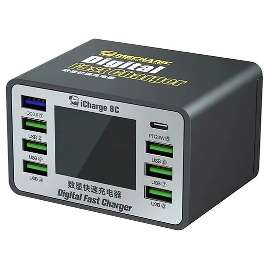 Laddare Station Mechanic 8C med Display, 50W, 3A, 7 x USB-A - 1 x USB-C, Svart