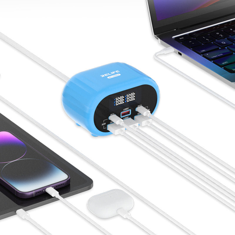 Relife RL-309U laddstation, 72W, 5A, 2 x USB-C - 4 x USB-A, Blå