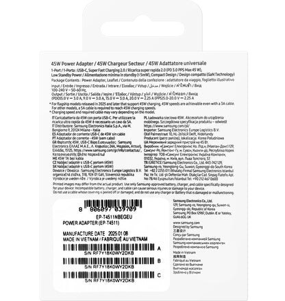 Samsung-nätverksladdare, 45W, 4.05A, 1 x USB-C, Svart EP-T4511NBEGEU