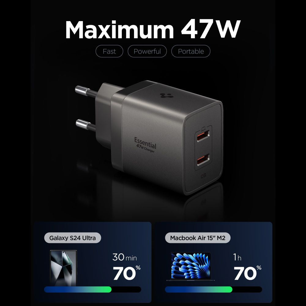 Nätadapter Spigen EE472EU Essential, 47W, 3A, 2 x USB-C, Grå ACH10450