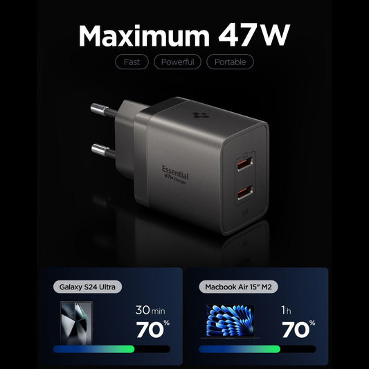 Nätadapter Spigen EE472EU Essential, 47W, 3A, 2 x USB-C, Grå ACH10450