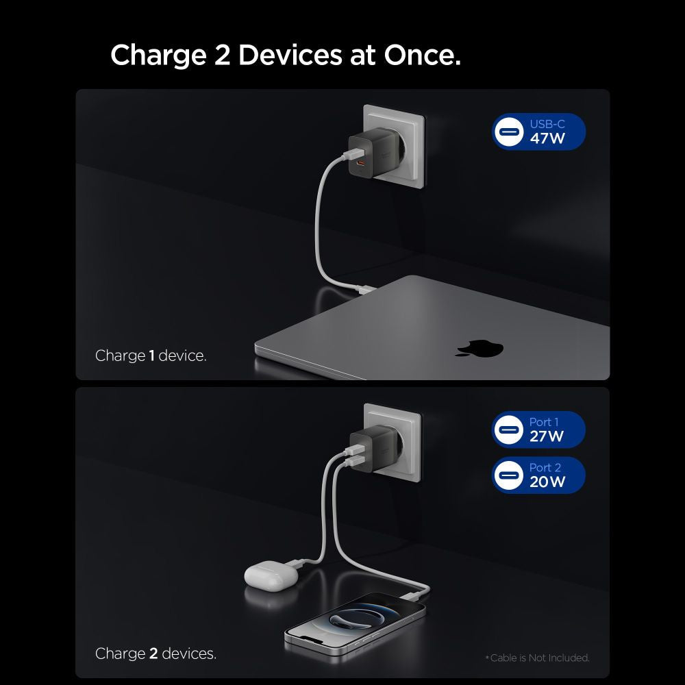 Nätadapter Spigen EE472EU Essential, 47W, 3A, 2 x USB-C, Grå ACH10450