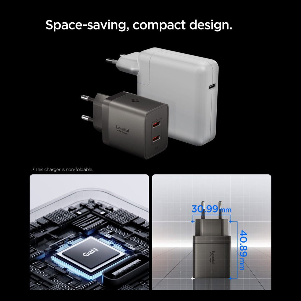 Nätadapter Spigen EE472EU Essential, 47W, 3A, 2 x USB-C, Grå ACH10450