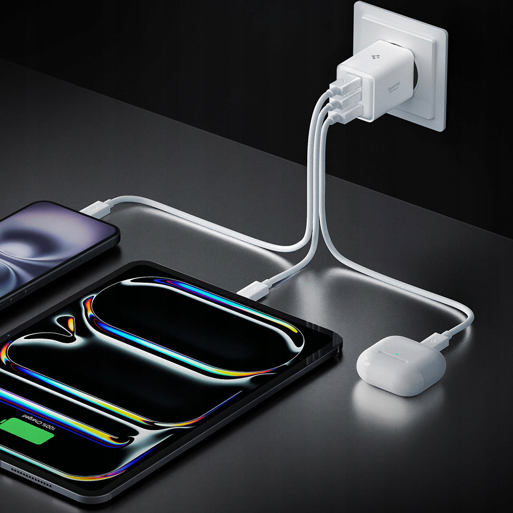 Spigen EE473EU Essential Nätverksladdare, 47W, 3A, 1 x USB-A - 2 x USB-C, Vit ACH09464