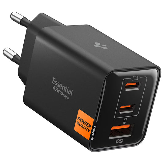 Spigen EE473EU Essential Nätverksladdare, 47W, 3A, 1 x USB-A - 2 x USB-C, Svart ACH09465