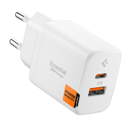Spigen Essential Nätverksladdare, 20W, 3A, 1 x USB-A - 1 x USB-C, Vit ACH08704