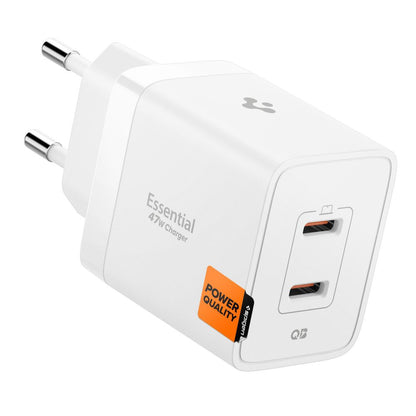 Spigen Essential Nätverksladdare, 47W, 3A, 2 x USB-C, Vit