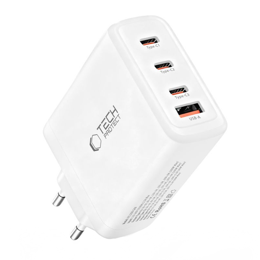 Nätverksladdare Tech-Protect NC120W-GAN, 120W, 5A, 1 x USB-A - 3 x USB-C, Vit