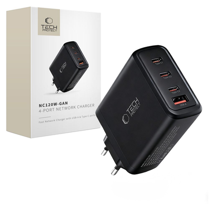 Nätverksladdare Tech-Protect NC120W-GAN, 120W, 5A, 1 x USB-A - 3 x USB-C, Svart