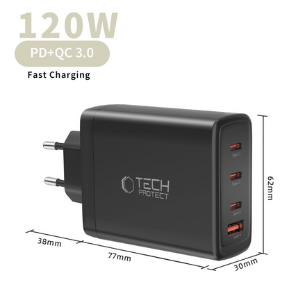 Nätverksladdare Tech-Protect NC120W-GAN, 120W, 5A, 1 x USB-A - 3 x USB-C, Svart