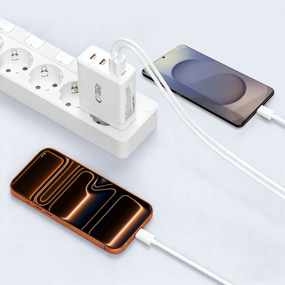 Nätverksladdare Tech-Protect NC120W-GAN, 120W, 5A, 1 x USB-A - 3 x USB-C, Vit