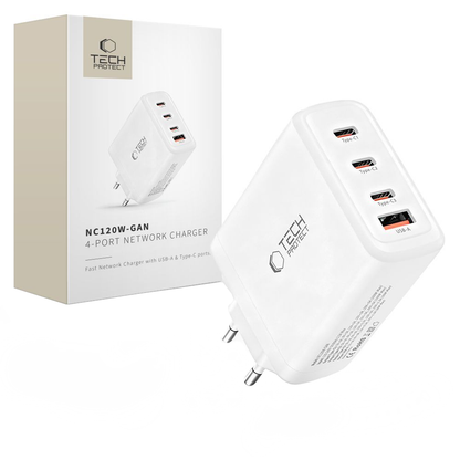 Nätverksladdare Tech-Protect NC120W-GAN, 120W, 5A, 1 x USB-A - 3 x USB-C, Vit