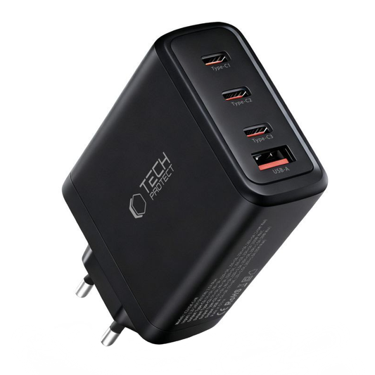 Nätverksladdare Tech-Protect NC140W-GAN, 140W, 5A, 1 x USB-A - 3 x USB-C, Svart