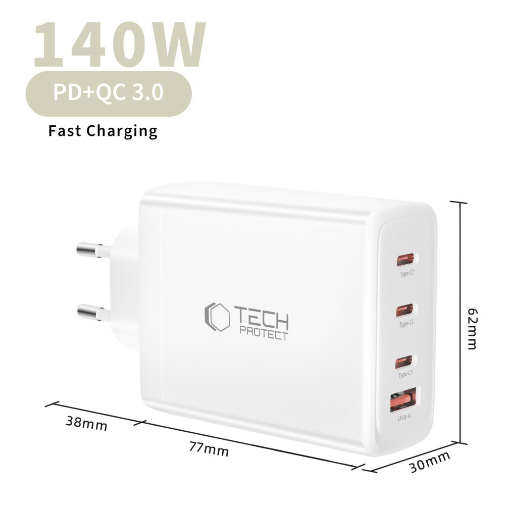 Nätverksladdare Tech-Protect NC140W-GAN, 140W, 5A, 1 x USB-A - 3 x USB-C, Vit