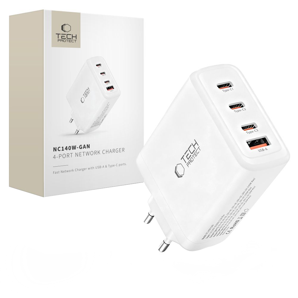 Nätverksladdare Tech-Protect NC140W-GAN, 140W, 5A, 1 x USB-A - 3 x USB-C, Vit
