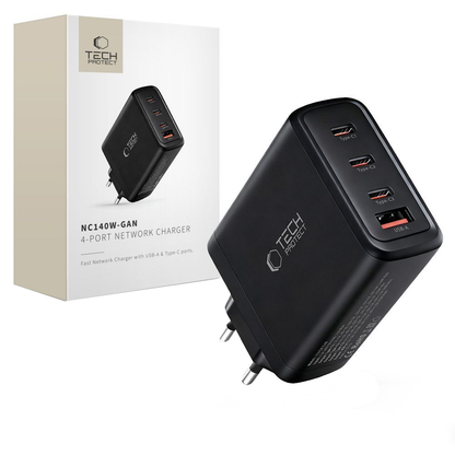 Nätverksladdare Tech-Protect NC140W-GAN, 140W, 5A, 1 x USB-A - 3 x USB-C, Svart