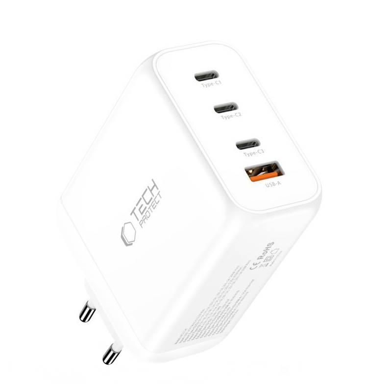 Nätverksladdare Tech-Protect NC200W-GAN, 200W, 5A, 1 x USB-A - 3 x USB-C, Vit