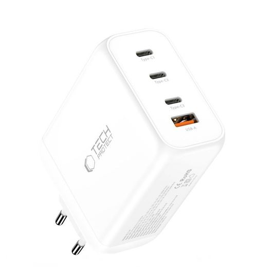Nätverksladdare Tech-Protect NC200W-GAN, 200W, 5A, 1 x USB-A - 3 x USB-C, Vit