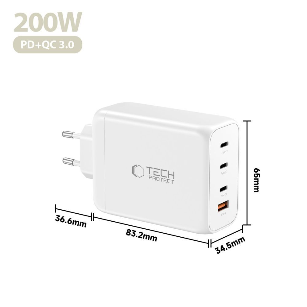 Nätverksladdare Tech-Protect NC200W-GAN, 200W, 5A, 1 x USB-A - 3 x USB-C, Vit