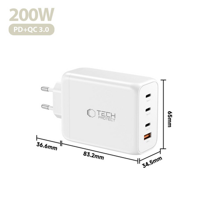 Nätverksladdare Tech-Protect NC200W-GAN, 200W, 5A, 1 x USB-A - 3 x USB-C, Vit