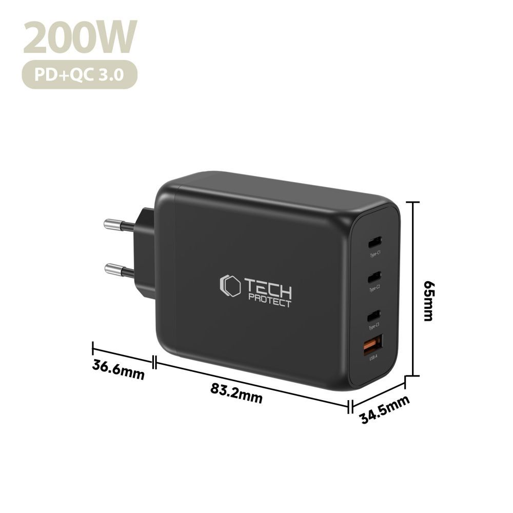Nätverksladdare Tech-Protect NC200W-GAN, 200W, 5A, 1 x USB-A - 3 x USB-C, Svart