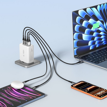 Nätverksladdare Tech-Protect NC200W-GAN, 200W, 5A, 1 x USB-A - 3 x USB-C, Vit