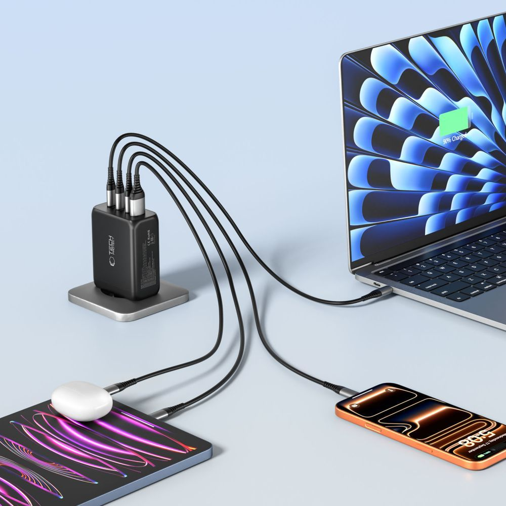 Nätverksladdare Tech-Protect NC200W-GAN, 200W, 5A, 1 x USB-A - 3 x USB-C, Svart