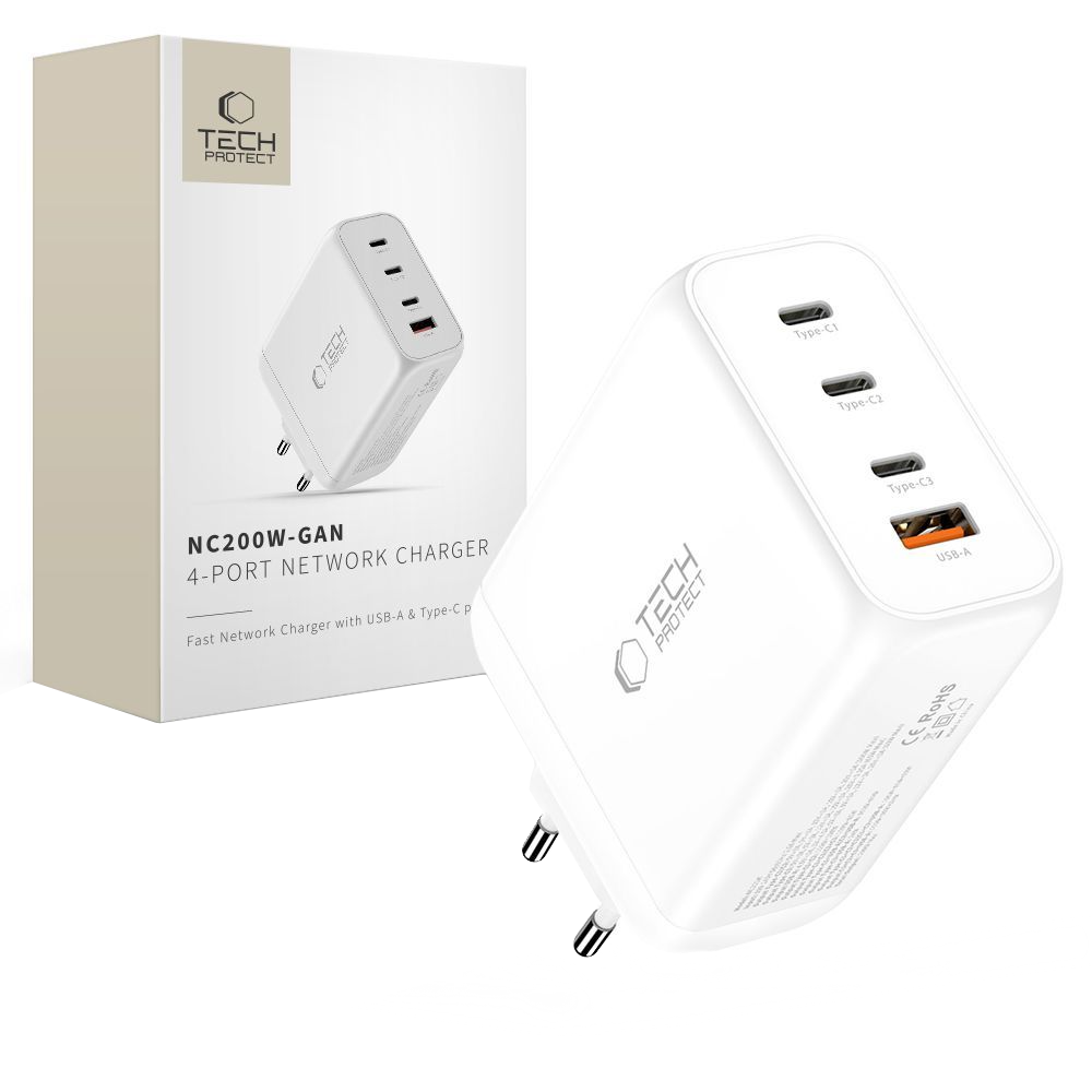 Nätverksladdare Tech-Protect NC200W-GAN, 200W, 5A, 1 x USB-A - 3 x USB-C, Vit
