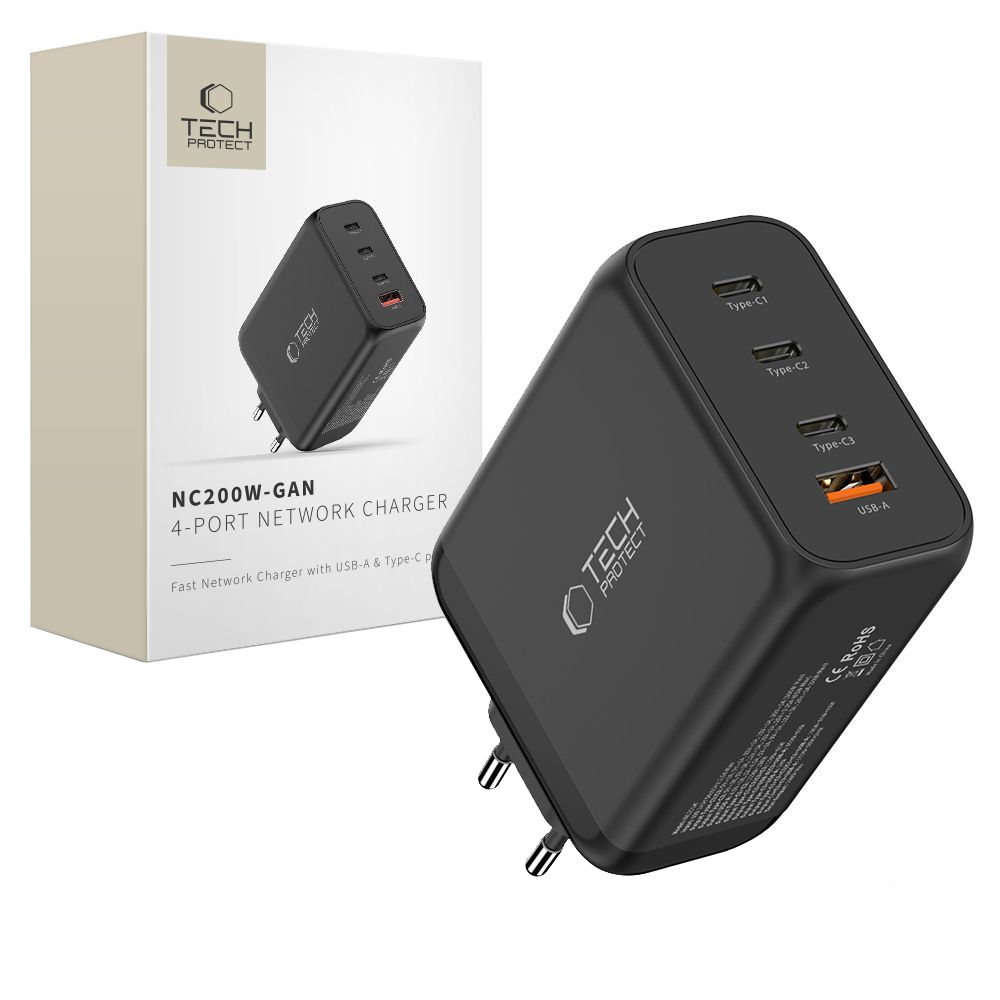 Nätverksladdare Tech-Protect NC200W-GAN, 200W, 5A, 1 x USB-A - 3 x USB-C, Svart