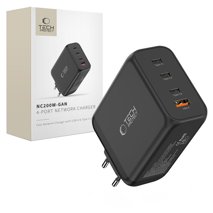 Nätverksladdare Tech-Protect NC200W-GAN, 200W, 5A, 1 x USB-A - 3 x USB-C, Svart