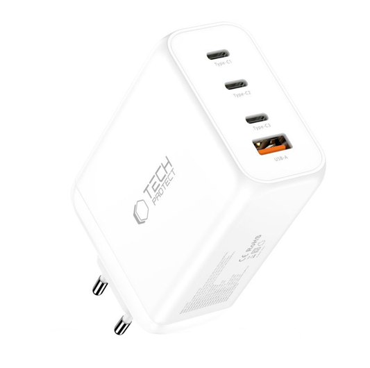 Nätverksladdare Tech-Protect NC240W-GAN, 240W, 5A, 1 x USB-A - 3 x USB-C, Vit