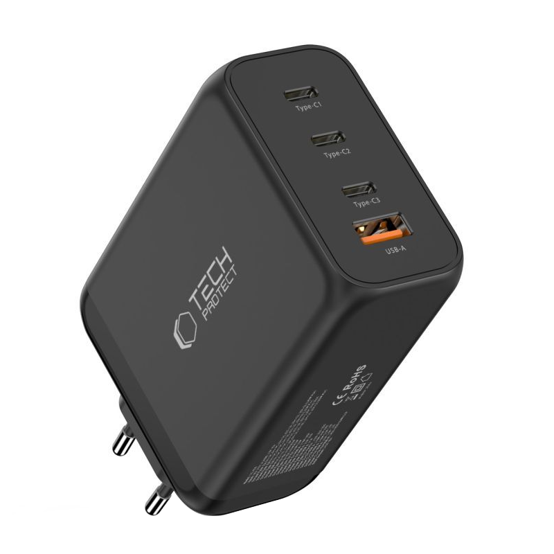 Nätverksladdare Tech-Protect NC240W-GAN, 240W, 5A, 1 x USB-A - 3 x USB-C, Svart