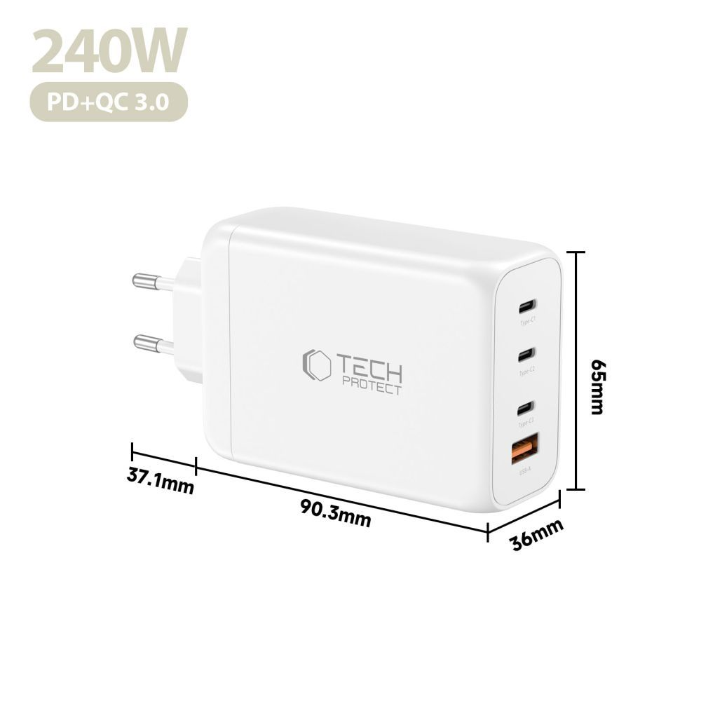 Nätverksladdare Tech-Protect NC240W-GAN, 240W, 5A, 1 x USB-A - 3 x USB-C, Vit