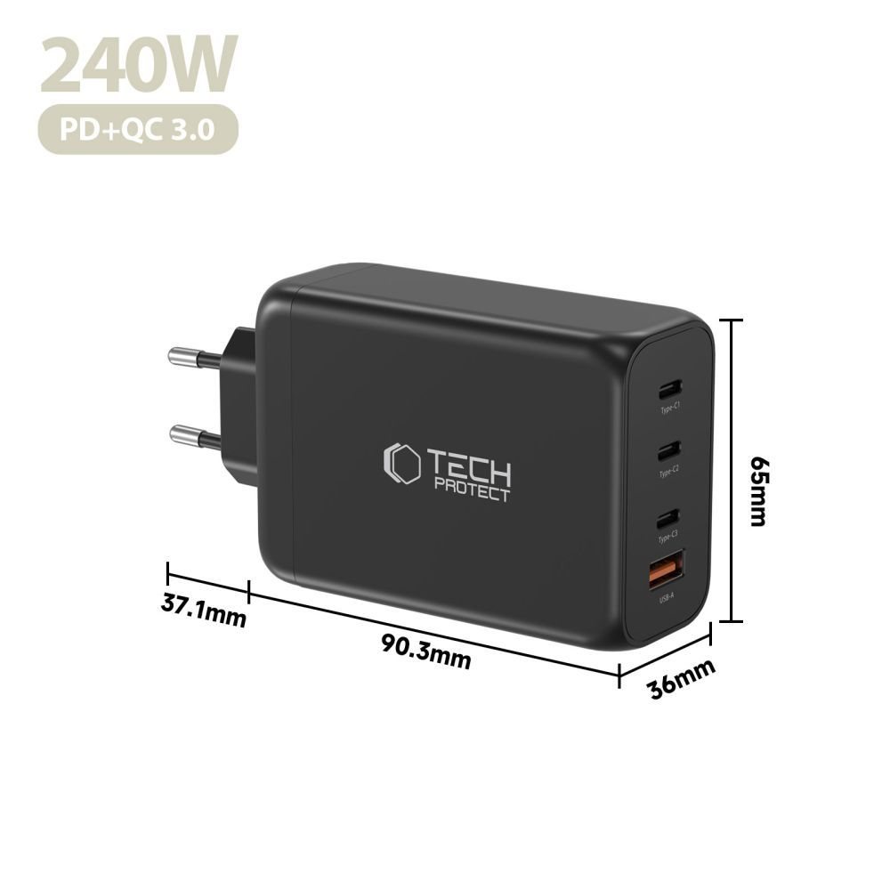 Nätverksladdare Tech-Protect NC240W-GAN, 240W, 5A, 1 x USB-A - 3 x USB-C, Svart