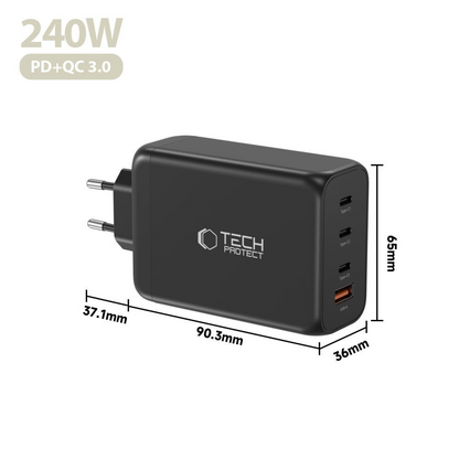 Nätverksladdare Tech-Protect NC240W-GAN, 240W, 5A, 1 x USB-A - 3 x USB-C, Svart