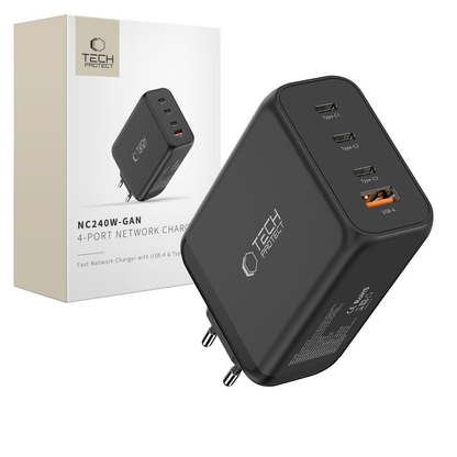 Nätverksladdare Tech-Protect NC240W-GAN, 240W, 5A, 1 x USB-A - 3 x USB-C, Svart