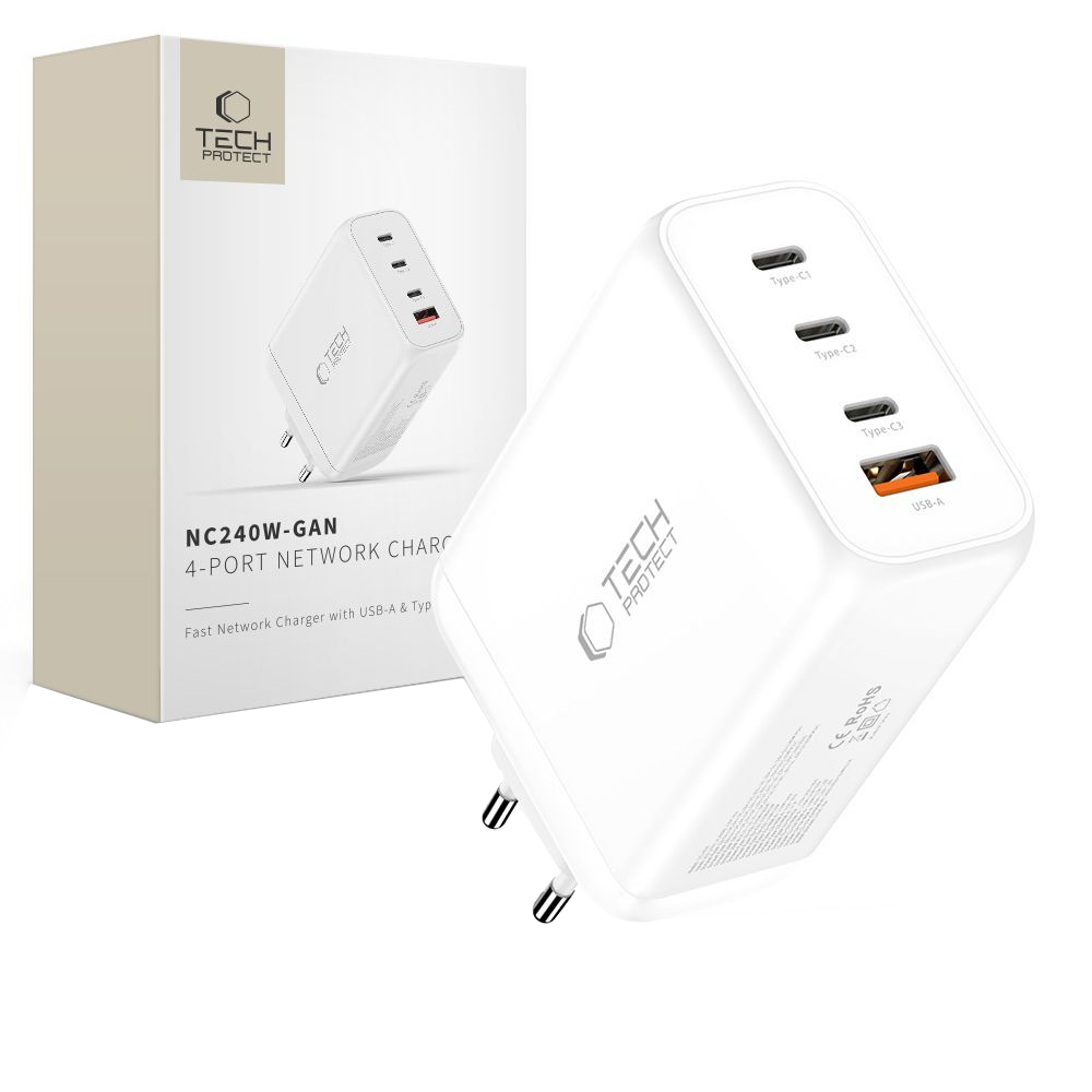 Nätverksladdare Tech-Protect NC240W-GAN, 240W, 5A, 1 x USB-A - 3 x USB-C, Vit