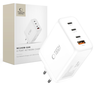 Nätverksladdare Tech-Protect NC240W-GAN, 240W, 5A, 1 x USB-A - 3 x USB-C, Vit