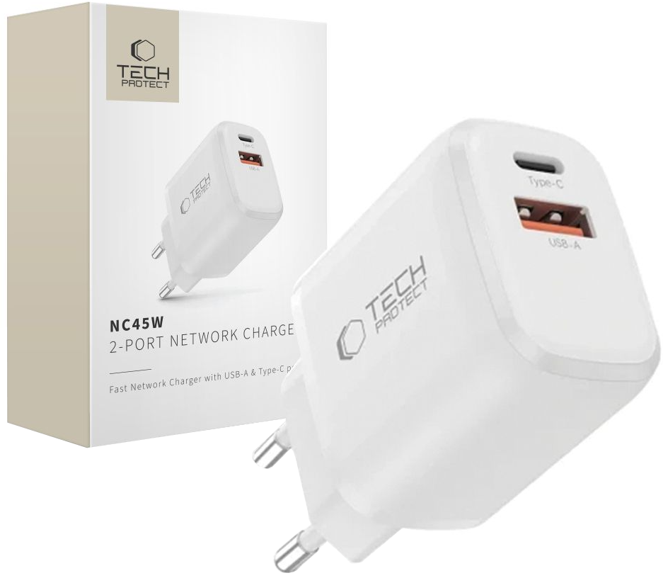 Nätverksladdare Tech-Protect NCA45W, 45W, 3A, 1 x USB-A - 1 x USB-C, Vit